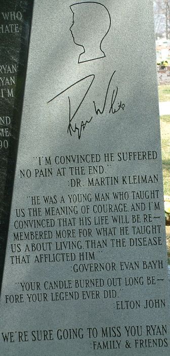 Ryan White (December 6, 1971 – April 8, 1990) Became a national poster child for HIV/AIDS in the United States. Tombstone Epitaphs, Famous Gravesites, Ryan White, Famous Tombstones, Hiv Aids Awareness, Cemetery Monuments, Aids Awareness, Cemetery Headstones, Famous Graves
