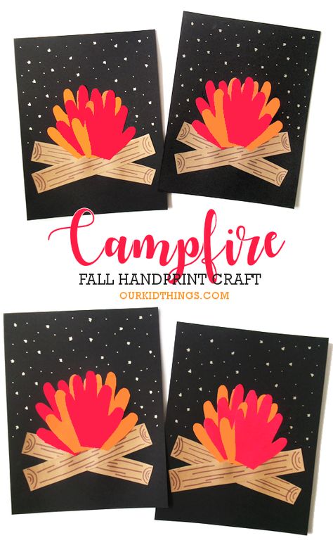 Handprint Campfire Craft Preschool Camping Art Projects, Popsicle Stick Campfire Craft, Campfire Preschool Craft, Handprint Campfire Craft, Camp Fire Craft For Preschool, Camping Classroom Crafts, Campfire Vbs Crafts, Vbs 2024 Camp Firelight Crafts, Camping Theme Vbs Crafts