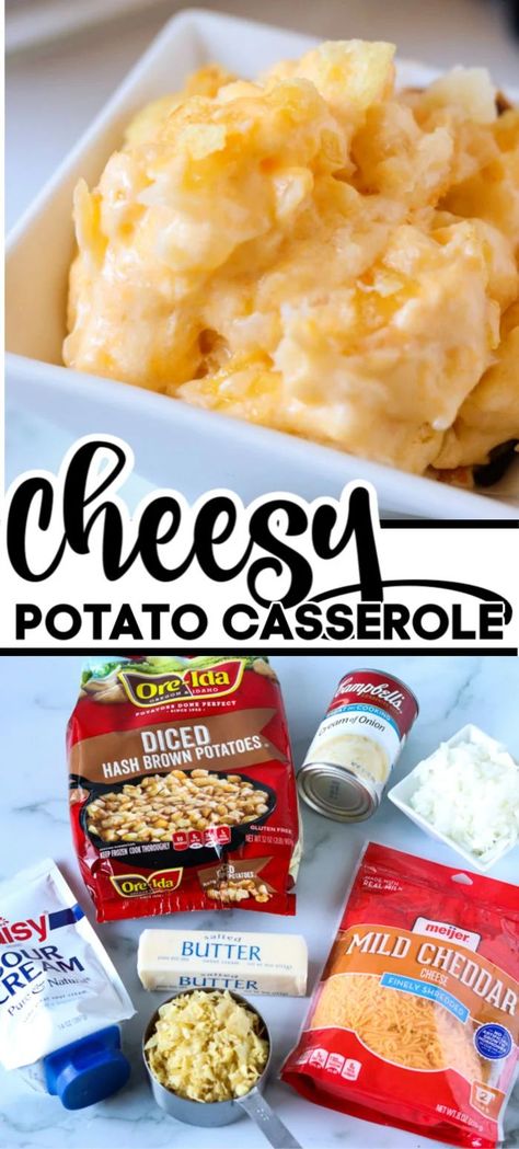 Learn how to make easy cheesy potato casserole. The perfect side dish for all your holiday meals or just a regular weeknight dinner! Taco Salat, Cheesy Potatoes Recipe, Thanksgiving Vegetables, Cheesy Potato Casserole, Christmas Dinners, Cheesy Potato, Potato Recipes Side Dishes, Potatoe Casserole Recipes, Hash Brown