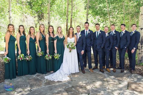 Emerald Green Bridesmaid Dresses Fall With Groomsmen, Emerald Wedding Party Attire, Navy And Green Suit Wedding, Navy Suits And Green Bridesmaid Dresses, Forest Green And Navy Blue Wedding, Navy And Hunter Green Wedding, Forest Green Wedding Party, Forest Green And Navy Wedding, Emerald Green And Navy Blue Wedding