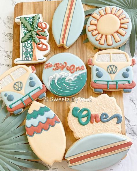 Big Wave First Birthday, The Big One Surf Theme Birthday, Surf Birthday Cookies, June 1st Birthday Boy, Wave Birthday Theme, The Big One Surf Cookies, Boys First Birthday Party Ideas Summer, Surfing First Birthday Party, Surf Smash Cake