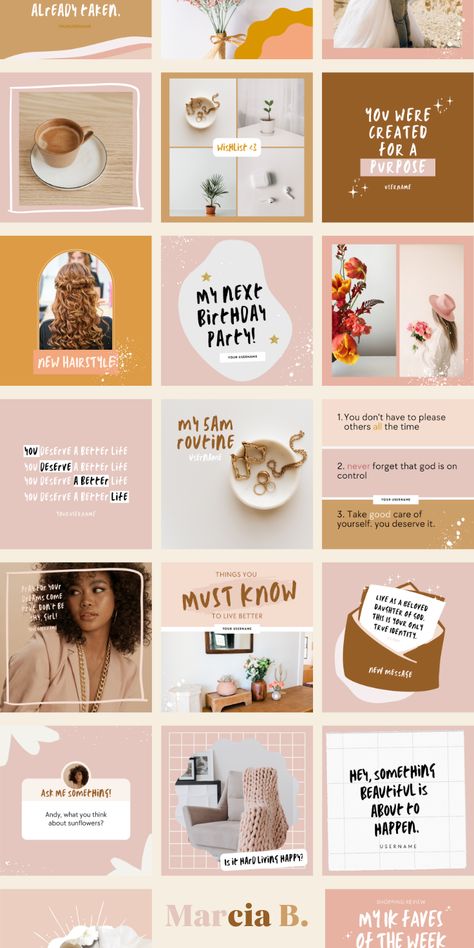 10 creative and stylish Instagram feed ideas to help you level up your profile and attract more #Feed_Posts_Instagram #Pastel_Instagram_Feed_Ideas #Instagram_Posts_Ideas_For_Business #Pinterest_Feed_Ideas Instagram Colour Theme Layout, Pink And Brown Instagram Feed, Pinterest Feed Ideas, Beauty Feed Instagram Ideas, Color Schemes Instagram Feed, Pink Instagram Feed Ideas, Different Instagram Aesthetics, Warm Instagram Feed, Colorful Feed Instagram