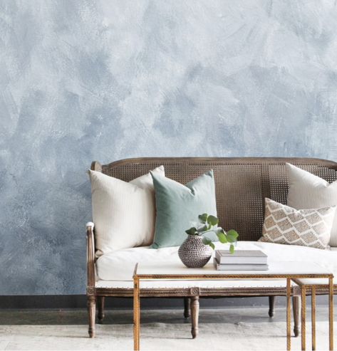 Blue Girl's Bedroom Inspiration - Taryn Whiteaker Behind Sofa Wall, Seafoam Green Pillows, Girls Blue Bedroom, Behind Sofa, Brown Living Room Decor, Couch Styling, Sofa Wall, Hand Painted Wallpaper, Texture Paint