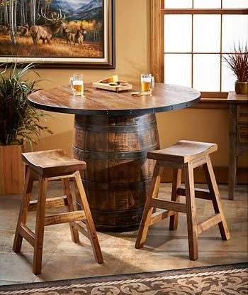 Lodge Kitchen Ideas, Beer Barrel Table, Wine Barrel Diy, Bar Reference, Cowboy Bar, Whiskey Barrel Table, Lodge Kitchen, Barrels Diy, Spool Table