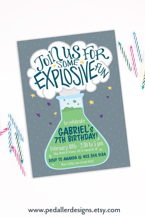 Science birthday Invitation, Mad Science Birthday Party, Crazy Science Printable Invitation #madsciencebirthday #scienceinvitation #scienceparty Science Party Invitations, Science Themed Party, Science Birthday Party Ideas, Scientist Birthday Party, Mad Scientist Birthday, Science Birthday Party, Mad Science Party, Scientist Birthday, Mad Scientist Party