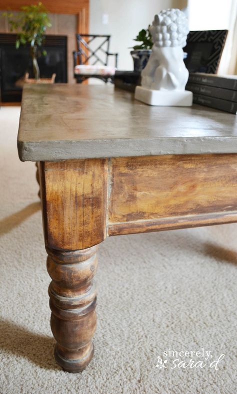 Concrete Table redo (I would have changed out the knob to complete the look.) Diy Concrete Table, Concrete Table Top, Cement Table, Table Redo, Diy Table Top, Concrete Coffee Table, Beton Design, Concrete Furniture, Concrete Table