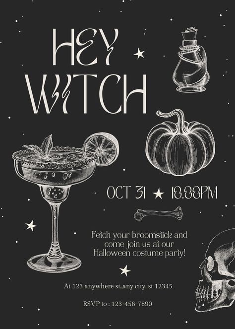 Witch Halloween Party Invitations, Costume Birthday Party Invitations, Halloween Dinner Invitations, Halloween Invite Template, Witch Party Invitations, Witch Party Ideas For Adults, Halloween Adult Party Ideas, Halloween Party Invitations Template, Halloween Birthday Party For Adults