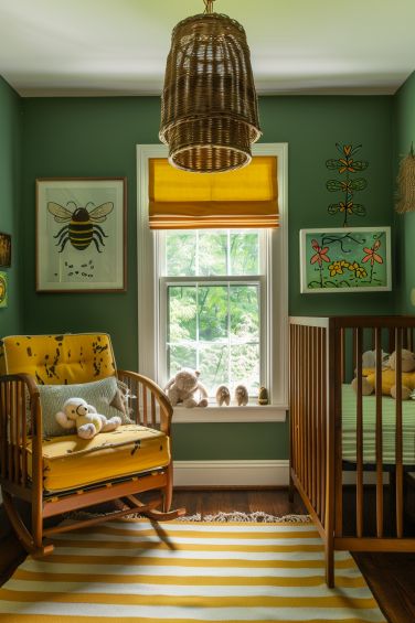 Dream Themed Nursery, Penelope Nursery, Bee Theme Nursery, Garden Baby Nursery, Bee Nursery Ideas, Nursery In Parents Room, Green And Yellow Nursery, Fun Nursery Ideas, Colorful Nursery Ideas