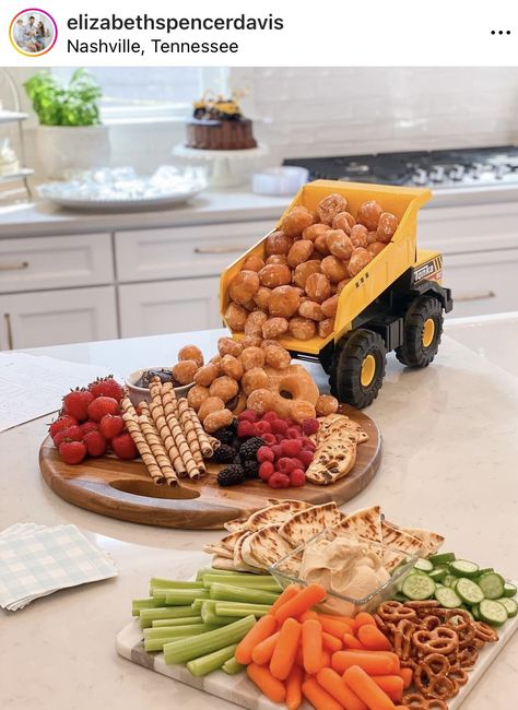 Construction Truck Food Ideas, Heavy Equipment 2nd Birthday, Digger Party Food, 2 Year Birthday Food Ideas, Trucks Bday Party, Second Birthday Party Food, 2nd Birthday Digger Theme, Construction Birthday Dessert, Contraction Birthday Party Ideas