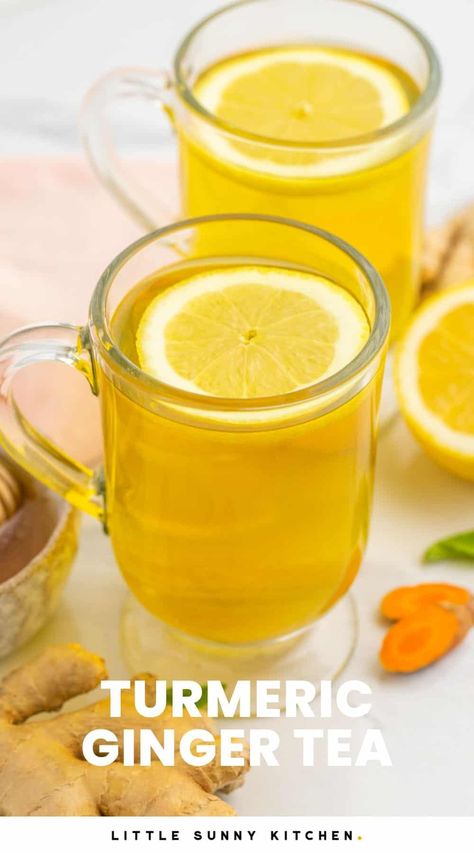 Ginger Tumeric Tea, Tumeric Tea Recipe, Ginger Lemon Tea, Turmeric Ginger Tea, Little Sunny Kitchen, Turmeric Drink, Ginger Tea Recipe, Sunny Kitchen, Ginger Drink