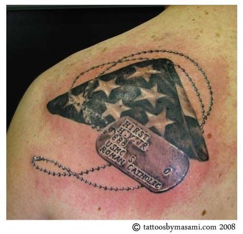 i want my grandpa's dog tag tattooed on me. i like the flag idea too! Soldier Tattoo Design, Dog Tag Tattoo, Dog Tags Tattoo, Usmc Tattoo, Grandfather Tattoo, Tag Tattoo, Flag Tattoos, Soldier Tattoo, Patriotic Tattoos