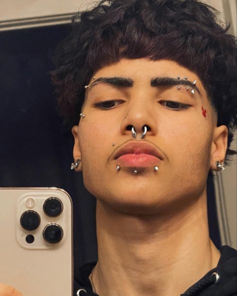 Dimple Piercing Men, Piercings Men Face, Double Anti Eyebrow Piercing, Punk Ear Piercings Men, Male Facial Piercings, Men Percinings, Face Piercings Aesthetic Men, Men With Facial Piercings, Men Facial Piercings