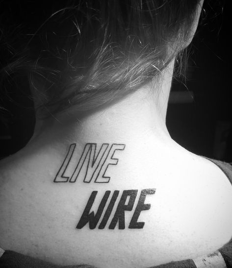 "Live wire" in Motley Crue font. #live #livewire #Tattoo #fonttattoo #font #wire #necktattoo #edgy #lighting #lightningbolt #graphicart #stylized #motleycrue #YankeeDoodlezArt #ydart #atlantatattooartist #marietta Live Wire Tattoo, Motley Crue Tattoo Ideas, Motley Crue Tattoo, Feelings Tattoo, Wire Tattoo, Cousin Tattoos, Skull Rose Tattoos, American Traditional Tattoos, Army Tattoos