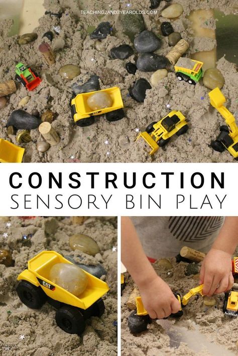 It's easy to make a construction sensory bin when using kinetic sand. Simply mix it with some loose parts and add construction vehicles, and it's ready to go! #sensorybin #construction #finemotor #toddlers #preschool #classroom #teachers #homeschool #play #AGE2 #AGE3 #AGE4 #teaching2and3yearolds Preschool Construction, Sensory Bin Play, Preschool Sensory, Transportation Unit, Sensory Tubs, Maluchy Montessori, Tuff Spot, Plastic Tub, Sensory Boxes