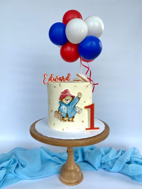 Handpainted paddington and ballloon cake Paddington Cake Topper Printable, Paddington Bear Cakes, Paddington Bear Cake Ideas, Paddintong Bear Cake, Paddington 1st Birthday, Paddington First Birthday, Paddington Bear 1st Birthday Party, Paddington Bear First Birthday, Paddington Cake Ideas