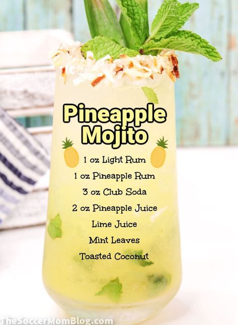 Cuban Cocktails Drink Recipes, Mojito Cocktail Recipes, Coconut Rum Mojito Recipe, Adult Drinks Recipes, Mojito Flavors, Pineapple Chow, Pineapple Mojito Recipe, Pineapple Rum Cocktail, Coconut Mojito Recipe