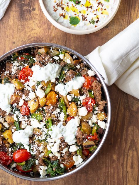 Greek Lamb Gyro Skillet Recipe — Registered Dietitian Columbia SC - Rachael Hartley Nutrition Gyro Skillet, Lamb Gyro Recipe, Ground Lamb Recipes, Lamb Casserole, Salmon Platter, Mediterranean Salmon, Lamb Gyros, Greek Lamb, Greek Gyros