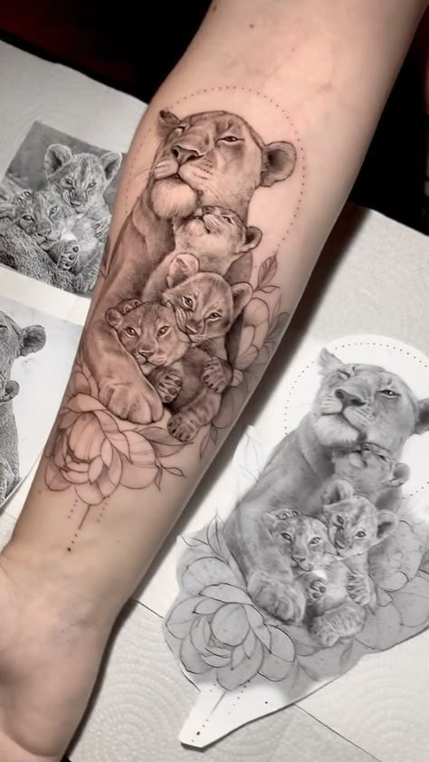 Celebrate the Pride: 24 Lion Family Tattoo Ideas - besttattoo.wiki - Unveiling Exquisite Ink Art Lion Family Tattoo, Cyberciligism Tattoo, Lioness And Cub Tattoo, Lioness Tattoo Design, Family Tattoo Ideas, Motherhood Tattoos, Cute Thigh Tattoos, Easy Tattoo, Cubs Tattoo