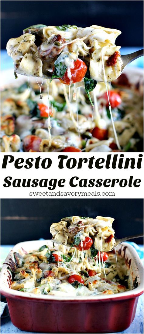 Sausage Pesto Tortellini Casserole made with 6 Ingredients only, is full of flavor, hearty and perfect for delicious and quick weeknight dinners. Tortellini Casserole, Pesto Tortellini, Savory Meals, Best Pasta Recipes, Quick Weeknight Dinners, Fresh Ingredients, Sweet And Savory, Weeknight Dinners, Sausage Recipes