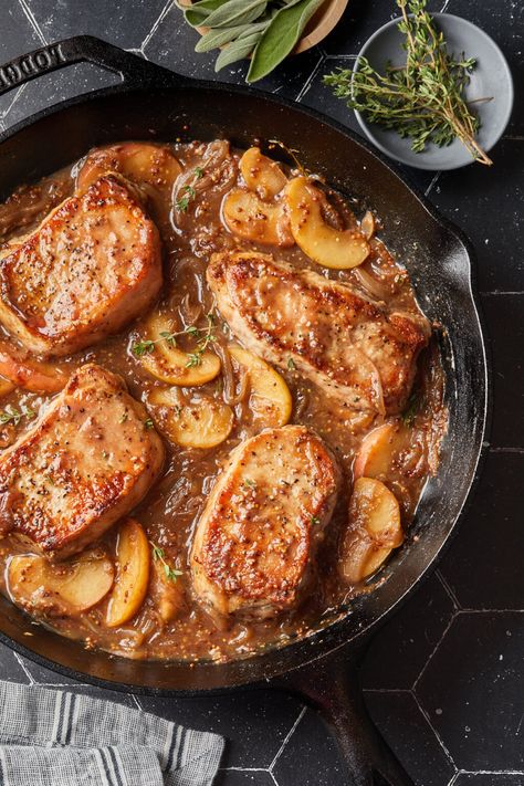 These pork chops are browned with apple butter, whole grain mustard and deliciously caramelized onions. With only 5 ingredients, this quick and easy recipe is a perfect weeknight meal. Apple Butter Pork Chops, Butter Pork Chops, Baked Stuffed Pork Chops, Perfect Pork Chops, Whole Grain Mustard, Sweet Savory Recipes, Dairy Free Recipes Dinner, Apple Pork, Easy Pork Chops