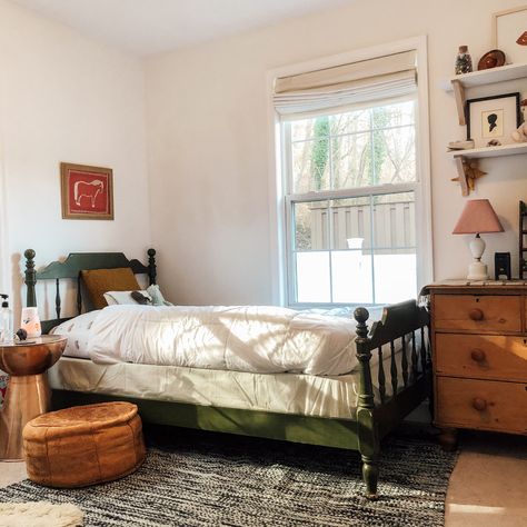 Twin Bed Boho Room, Green Painted Bed Frame, Twin Beds With Dresser In The Middle, Painted Twin Beds, Kids Twin Bed Ideas, Twin Bed Kids Room, Crib And Toddler Bed Shared Room, Twin Bed Styling, Twin Bed Boys Room