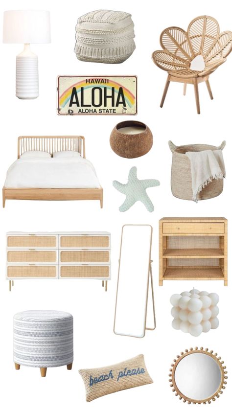 Beach Boho Bedroom Decor, Summer Bedroom Ideas Beach Themes, Beach Style Room Bedrooms, Hawaii Dorm Room Ideas, Beach House Decor Aesthetic, Beachy Clean Girl Room, Beachy Room Asthetics, Vintage Beach Bedroom Ideas, Small Beach Room Ideas