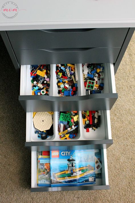 Lego Desk With Storage, Lego Workstation, Organize Legos, Lego Organizer, Lego Display Shelf, Lego Tables, Diy Kids Desk, Lego Desk, Lego Storage Organization