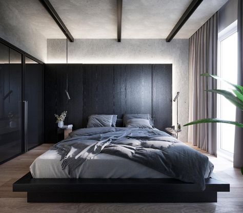 Luxury Black Bedroom Design, Luxury Black Bedroom, Dark Wood Accents, Modern Black Bedroom, Black Bedroom Ideas, Black Walls Bedroom, Black Painted Walls, All White Bedroom, White Wall Bedroom