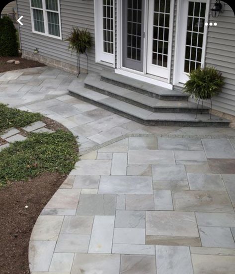 Concrete Steps Outdoor, Backdoor Steps To Patio, Patio With Steps, House Walkway, Ranch Makeover, Patio Stairs, Concrete Patio Makeover, Cement Patio, Concrete Patio Designs