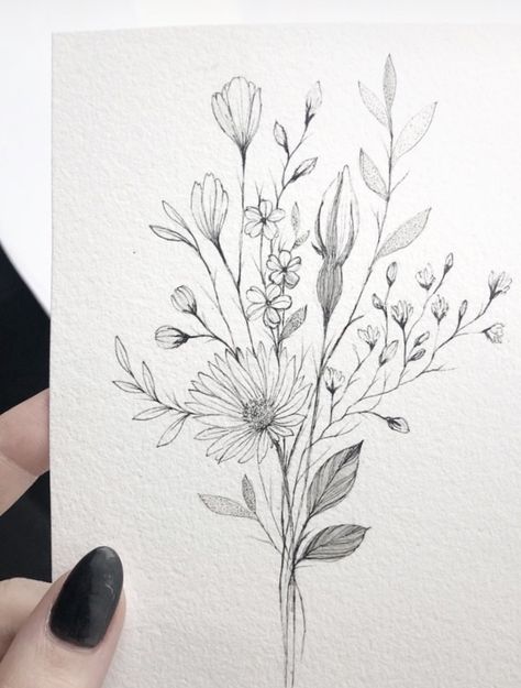 Flower Cluster Tattoo Design, Wildflower Pencil Drawing, Wildflower Tattoo Designs Sketches, Wildflower Tattoo Stencil, Wild Flower Hip Tattoo, Wildflower And Barley Tattoo, Wildflowers Tattoo Design, Long Floral Tattoo, Wild Flower Bouquet Drawing