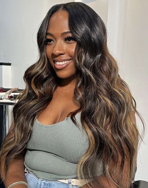 Ombre Hair For Black Women, Highlight Ombre Hair, Traditional Sew In With Leave Out Highlights, Black Hair With Highlights Blonde Girl, Balayage Weave Black Women, Mocha Brown Highlights On Dark Hair, Balayage Sew In, Light Chocolate Brown Balayage, Highlights Sew In Weave Black Women