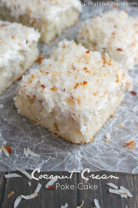 Coconut Cream Poke Cake - Delightful E Made Coconut Cream Poke Cake, Fluffy White Cake, Cream Poke Cake, Coconut Poke Cakes, Coconut Cake Recipe, Diy Easy Recipes, Coconut Desserts, Poke Cake Recipes, Poke Cakes