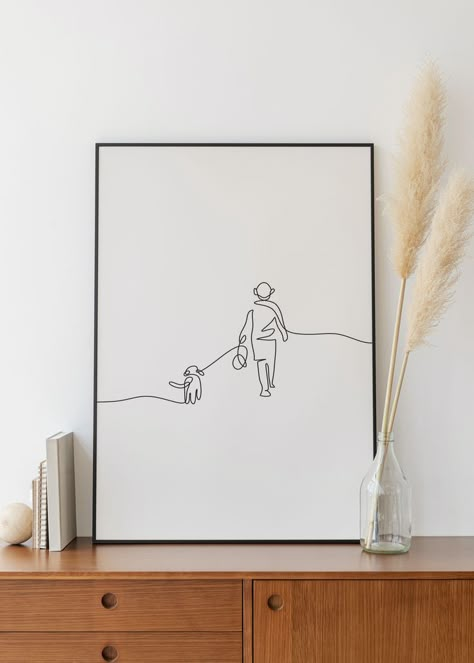 Walking With Dog, Dog Line Drawing, Line Art Digital, Pet Drawing, Drawing Printable, Dog Line Art, Tattoo Inspiration Men, Dog Line, Pets Drawing