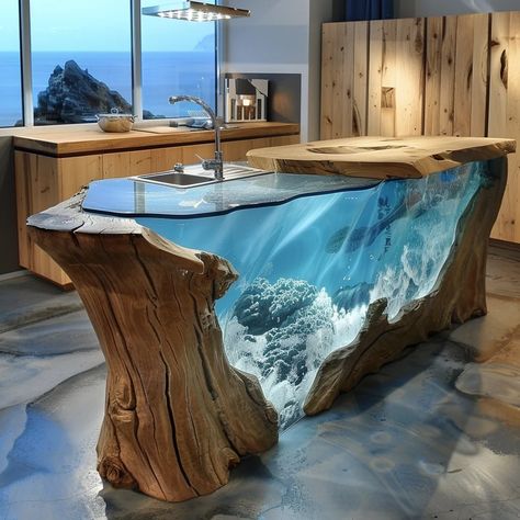 Big Aquarium Living Rooms, Beadboard Paneling, Weird Furniture, Kitchens Ideas, Island Crafts, Themed Kitchen, Unique Furniture Pieces, Coastal Colors, Unique House Design