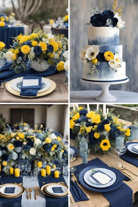 Blue and Yellow Wedding Colors: Beautiful Navy Blue, Dusty Blue, and Yellow Ideas - Francisca's Bridal Yellow And Dark Blue Wedding, Yellow And Blue Wedding Theme, Wedding Theme Colors Colour Palettes, Blue And Yellow Wedding Theme, Navy Blue And Yellow Wedding, Dusty Blue And Yellow, Navy And Yellow Wedding, Yellow Wedding Centerpieces, Yellow And Blue Wedding