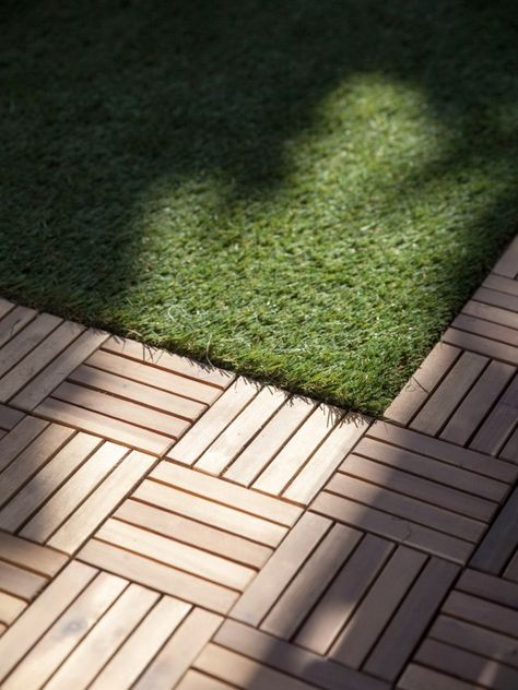 Wood Deck Tiles Over Grass Small Deck Patio, Artificial Grass Backyard, Parquet Tiles, Wood Deck Tiles, Deck Tiles, Enclosed Patio, Patio Tiles, Deck Tile, Wood Parquet