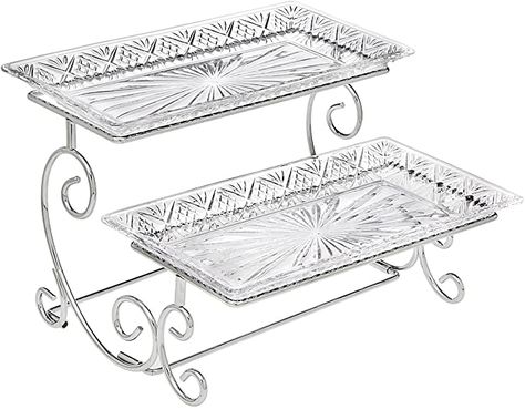 Amazon.com | Godinger Silver Art Dublin 2 Tiered Glass Buffet Serving Tray - Chrome Plated Platter Stand with Starburst Design - Party and Event Dessert and Food Display Server: Tiered Trays & Platters Elegant Cake Stands, Tiered Serving Stand, Bolo Grande, Silver Serving Trays, Tiered Server, Tiered Serving Trays, Starburst Design, Glass Cake Stand, Elegant Cakes