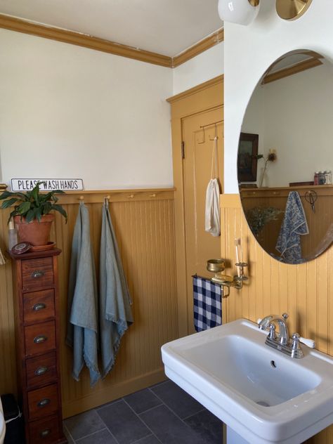 Beadboard Bathroom, Cottage Bath, Wainscoting Bathroom, Eclectic Bathroom, Cottage Bathroom, Yellow Bathrooms, Downstairs Bathroom, Upstairs Bathrooms, Bathroom Redo