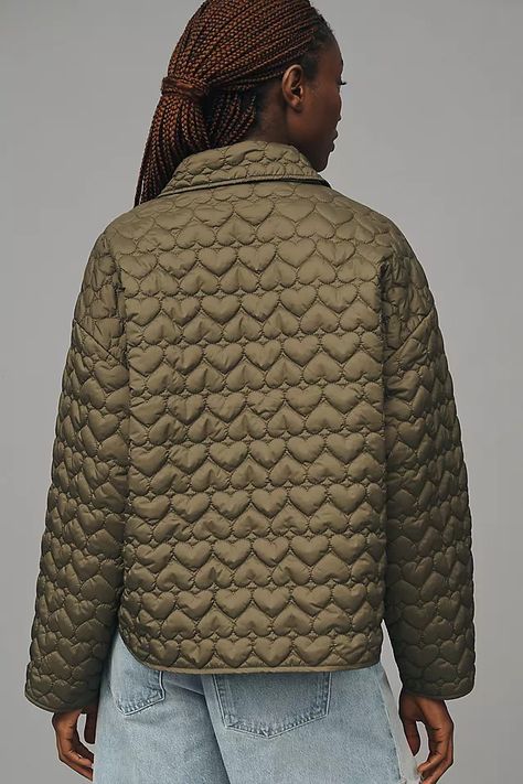 Maeve Heart-Quilted Liner Jacket | Anthropologie Quilted Jacket Outfit, Heart Quilt Pattern, Liner Jacket, Minimal Wardrobe, Warrior Queen, Green Quilt, Quilted Puffer Jacket, Quilt Jacket, Heart Quilt