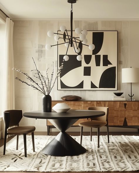 I love how this modern interior combines mid-century furniture, abstract art, and a sleek black accents. A beige rugs with a geometric pattern, dark brown vases, and warm natural lighting complete the cozy Brooklyn ambiance. Created with AI, envisioned by me. 🖤🏙️ #diningroominspo #diningroomideas #diningroomgoals #diningroomdesign #diningroomdecor #interiorinspiration #interior123 #interior2you #moderninterior #livingroomideas #livingroominspiration #livingroomstyle #livingroomgoals #livin... Patterned Interior Design, Organic Modern With Black, Black White And Brown Aesthetic, Modern Cozy Interior Design, Black And Beige Interior, Black And Brown Interior, Art Moderne Interior Design, Arty Interior, Black Accent Furniture