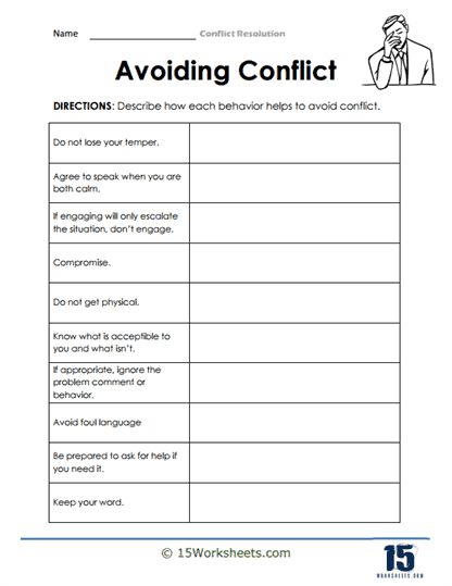 Avoiding Conflict Worksheet - 15 Worksheets.com Conflict Resolution Activities For Kids, Conflict Avoidance, Family Conflict Resolution, Growth Activities, Worksheet 3rd Grade, Colors Worksheet, Avoiding Conflict, Conflict Resolution Activities, Conflict Resolution Worksheet