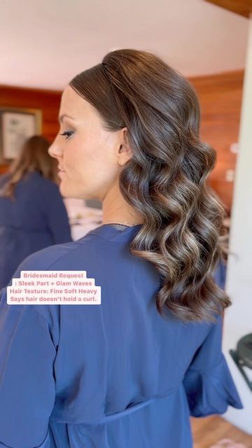 Wedding Hairstyles Medium Length Black Hair, Soft Waves Fine Hair, Middle Part Waves Tucked Behind Ears, Wedding Hair Fine Hair Down, Medium Length Waves Wedding, Wedding Hairstyles Brunette Medium, Medium Hair Hollywood Waves, Soft Waves Bridesmaid Hair, Mid Length Hollywood Waves