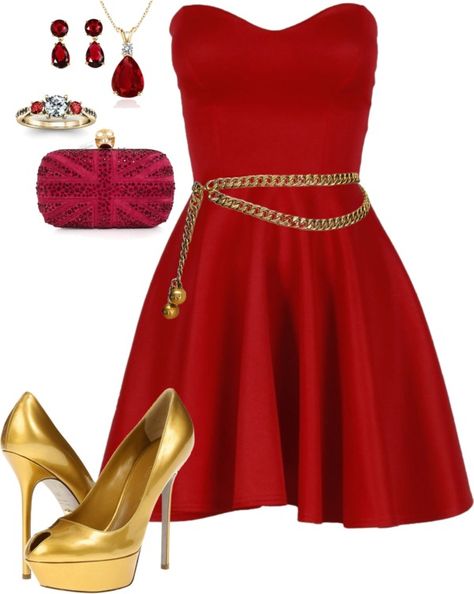 Red Dress Outfit Party, Fashion Outfits Red, Red And Gold Outfit, Party Red Dress, Girl Fashion Outfits, Country Style Wedding Dresses, Dress Outfits Party, Elegant Dresses Short, Gold Outfit