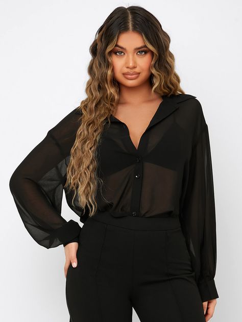 Black Chiffon Shirt, Ladies Chiffon Shirts, Chiffon Shirt Blouse, Mesh Blouse, Plain Shirt, Girly Shoes, Chiffon Long Sleeve, Plain Shirts, Sheer Chiffon