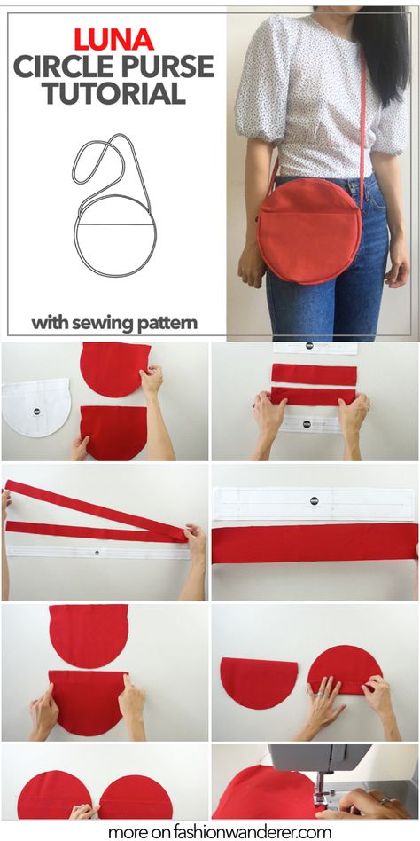 From interior to external pocket and lengthy shoulder strap, this will become your must-have purse for casual and going out looks. Here is Luna circle purse sewing pattern to add to your DIY bag collection. Round Bottom Bag Pattern, Round Handbag Pattern, Cute Bag Patterns, Sewing Patterns Purse, Round Purse Pattern Free Sewing, Circle Pouch Pattern, Handbag Diy Sewing Projects, How To Make Shoulder Bag, Round Bag Diy