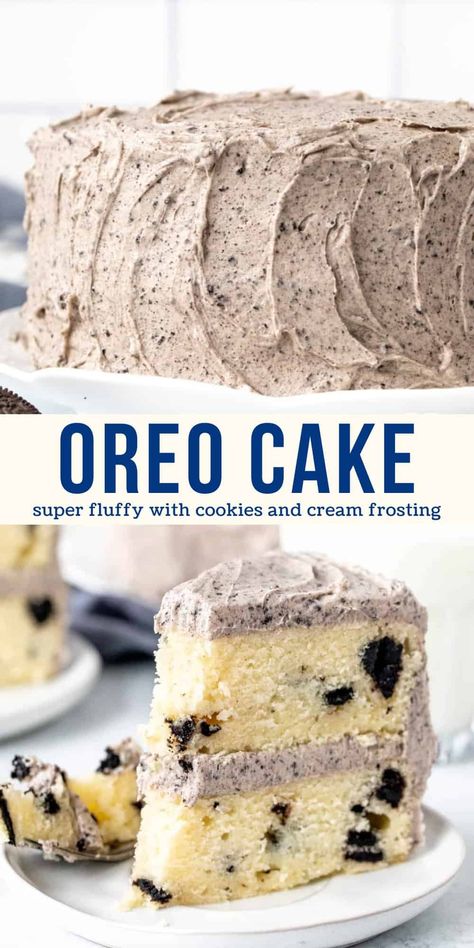 This Oreo cake is fluffy, delicious and perfect for cookies and cream lovers. It has layers of moist vanilla cake with Oreo pieces mixed into the batter. The Oreo frosting is absolutely to die for - super creamy and with the perfect Oreo flavor. This cake is made entirely from scratch and can be made as a 2-layer, 3-layer or 9x13 inch cake. #oreocake #layercake #cookiesandcream #recipe #cookiesandcreamcake from Just So Tasty Cake For Party, Cookies N Cream Cake Recipe, Cake With Cookies, Cookies And Cream Frosting, B Day Cake, Moist Vanilla Cake, Cookies And Cream Cake, Oreo Recipes, Oreo Dessert