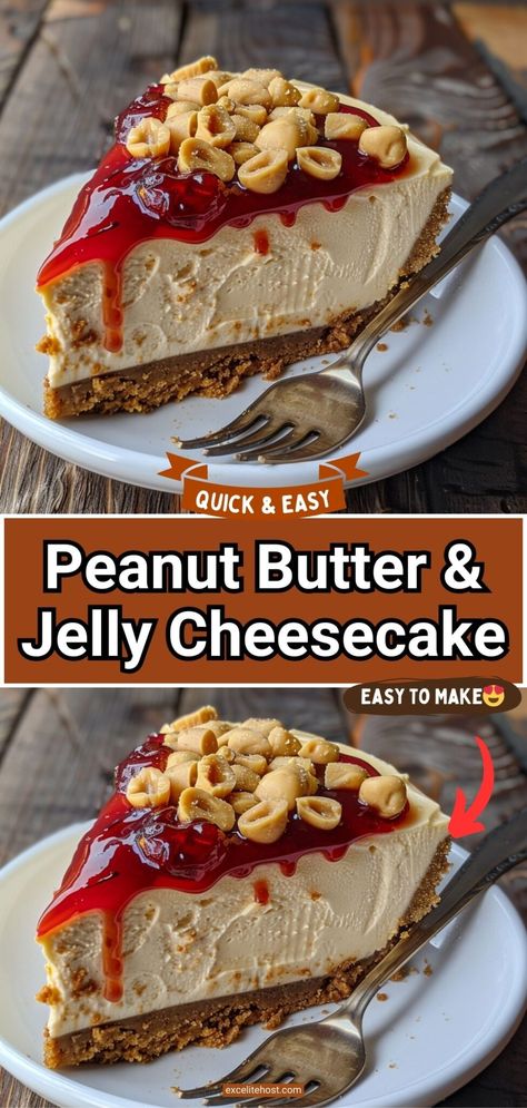 Peanut Butter & Jelly Cheesecake Peanut Butter Jelly Cheesecake, Peanut Butter And Jelly Recipes, Peanut Butter And Jelly Cheesecake, Peanut Butter And Jelly Cake, Jelly Cheesecake, Homemade Cheesecake, Peanut Butter Cheesecake, Peanut Butter Desserts, Recipe Dessert