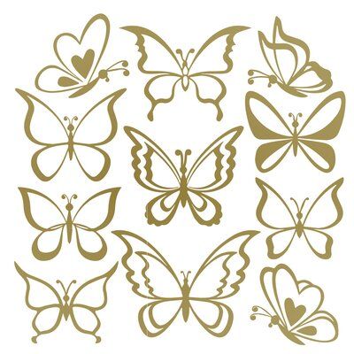 Ophelia & Co. Make your walls flutter with our Butterfly Flutters Wall Decal. Each set comes with 11 beautiful butterflies keeping spring in your home all year round. Don't stay stuck in a cocoon let your imagination fly. Colour: Gold, Size: 24" H x 25" W x 0.01" D Butterfly Art Drawing, Summer Acrylic, Butterfly Decal, Butterfly Template, Butterfly Clip Art, Butterfly Wall Stickers, Stencil Patterns, Easy Doodles Drawings, Beadwork Patterns