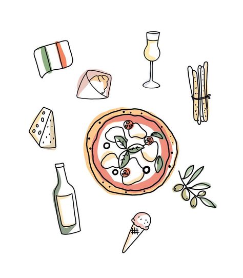 Doodle set of Italian dishes. Drawn icons of products of national Italian cuisine. Italian Doodles, Italy Doodles, Italy Sketches, Italy Drawing, Italian Icons, Rome Food, Drawn Icons, Dream Country, Food Doodles