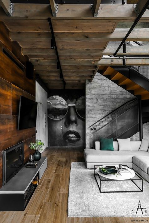 Apartment Interior Industrial, Industrial Loft Design, Modern Industrial Interior, Industrial Home Design, Loft Interior Design, Desain Furnitur Modern, Loft Industrial, Loft Interiors, Industrial Interior Design